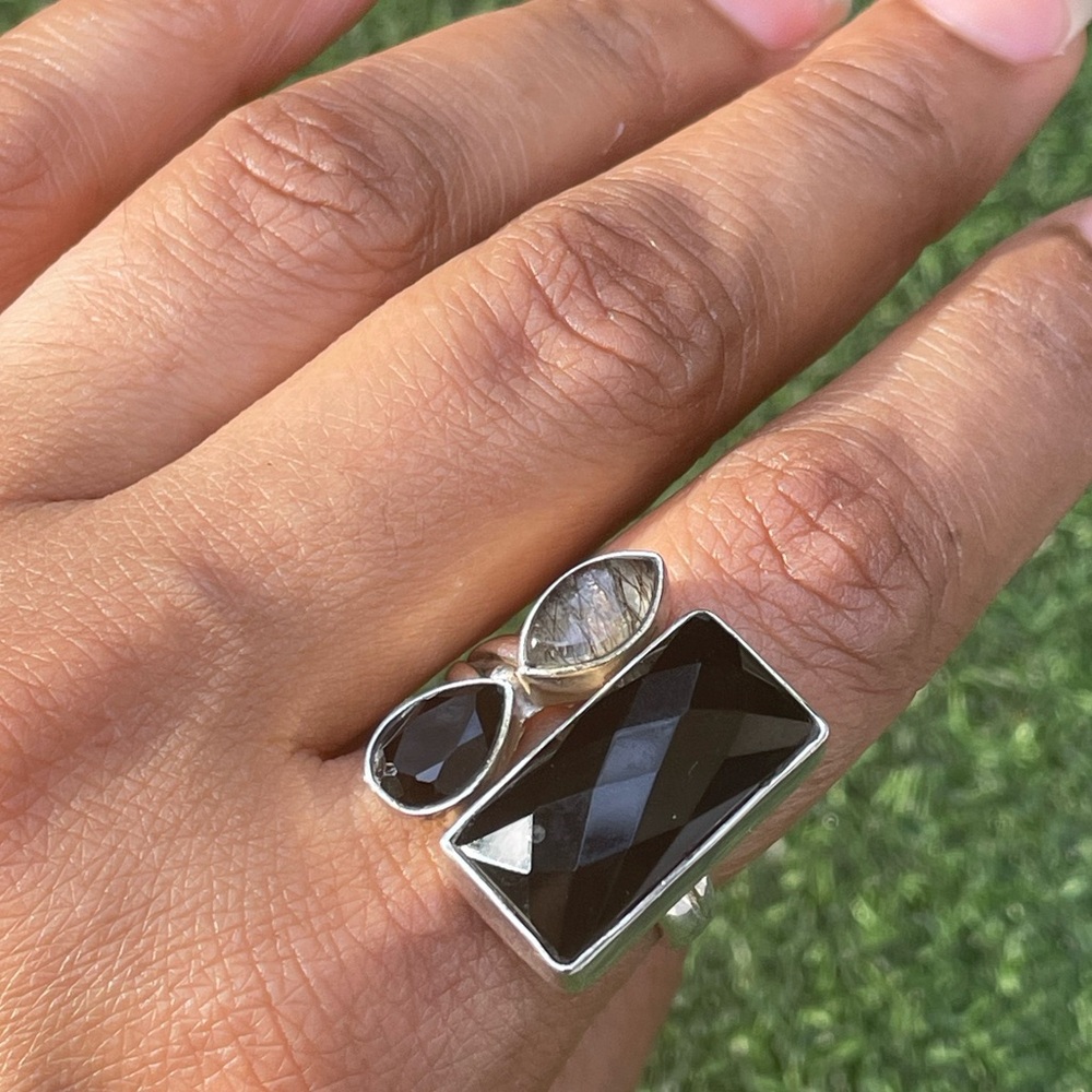 Ring Black Onyx multi stone statement Ring in 925 Sterling silver (US 7 and up) - Picture 9 of 12